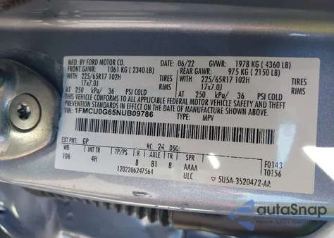 2022 Ford Escape Se z USA, uszkodzony, nr VIN 1FMCU0G65NUB09786